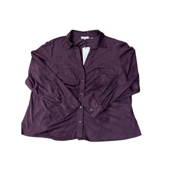 Calvin Klein Womens 1X Plum Aubergine Blouse Ruched Front Micro Suede New - Picture 14 of 16